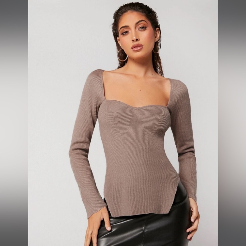 Slit Hem Ribbed Knit Sweater